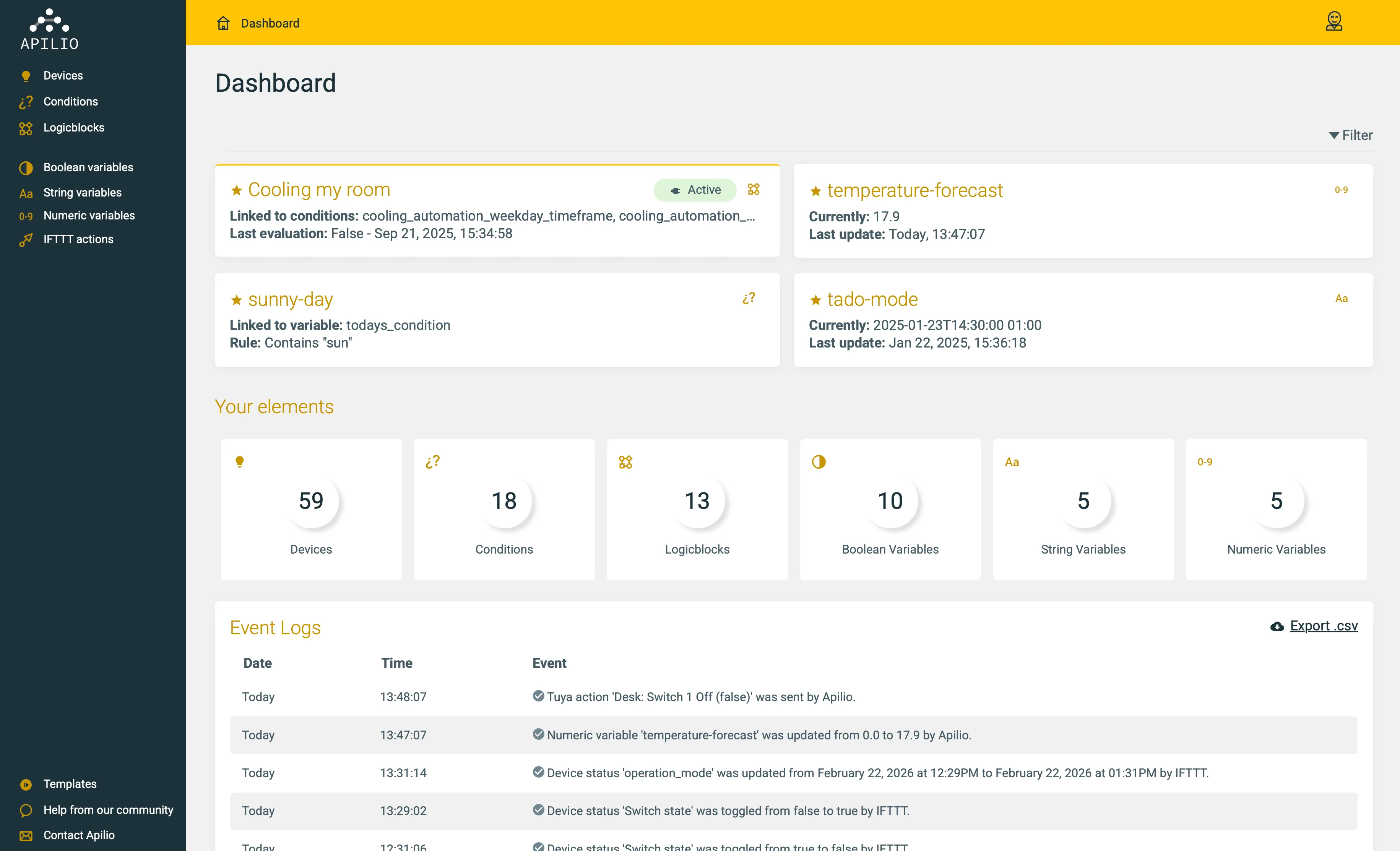 Apilio dashboard showing devices, conditions, logicblocks, and event logs